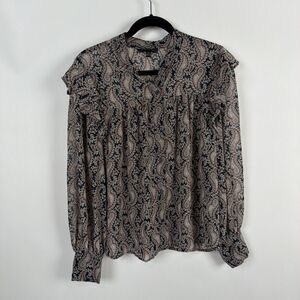 Banana Republic Ruffle  Blouse XL Sheer Paisley Bishop Sleeve Dark Academia Poet